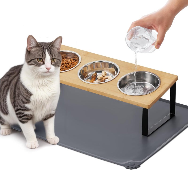 Summark Upgraded Elevated Cat Bowls with Food Mat,15°Tilted Stand Anti Vomiting Raised Cat Dishes for Food and Water,3 Stainless Steel Bowls for Cats and Puppy - Image 1